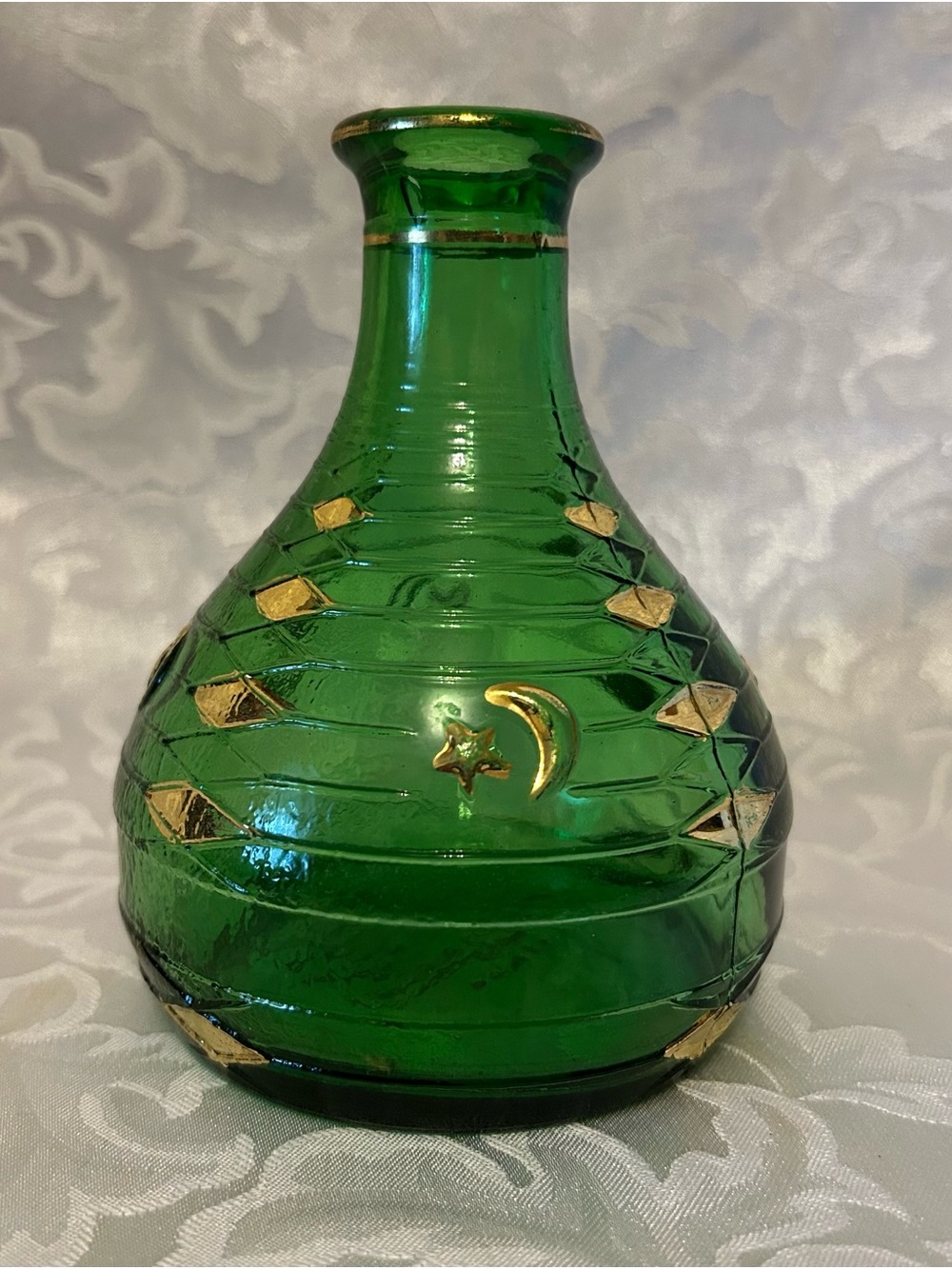 Vintage 1950s Mastercraft Pipes Green Glass Bottle, Gold Moon and Stars, Italy